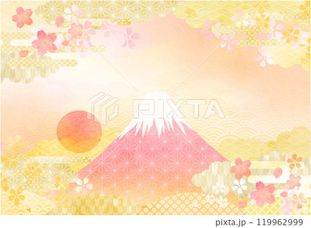 水彩タッチの和柄と富士山の背景素材 119962999