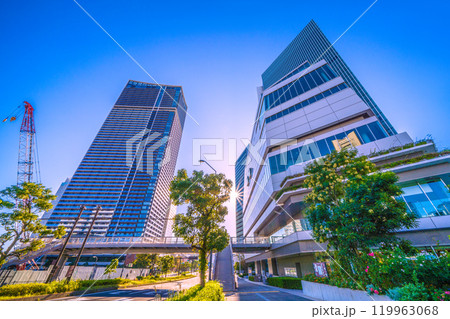 日本の横浜都市景観　朝日…歩道橋のある街…北仲クロスデッキや横浜市役所、太陽光などを望む＝11月3日 119963068