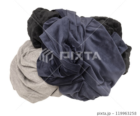 Pile of various crumpled clothes, soft fabrics in dark colors like navy, gray, and black, isolated on white background. Top view. Ideal for themes of fashion, laundry, or textiles. Cut out clothing. Pile of various crumpled clothes, soft fabrics in dark colors like navy, gray, and black, isolated on white background. Top view. Ideal for themes of fashion, laundry, or textiles. Cut out clothing. 119963258