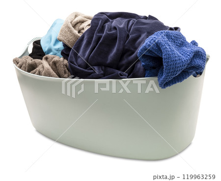 Laundry basket filled with assorted clothes in various colors, isolated on white background. Front view. Ideal for themes related to laundry, household chores, or textile care. Cut out clothing. Laundry basket filled with assorted clothes in various colors, isolated on white background. Front view. Ideal for themes related to laundry, household chores, or textile care. Cut out clothing. 119963259