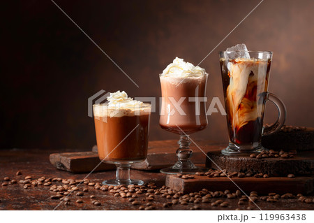 Coffee and chocolate drinks with whipped cream. Coffee and chocolate drinks with whipped cream. 119963438