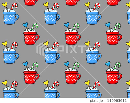 Cozy winter pattern. Cups with sweets. Hot drink. Vector illustration 119963611
