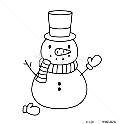 Cute snowman in a top hat. Coloring page. Vector illustration 119963620