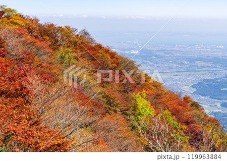 秋の御在所岳の朝陽台広場からみる四日市方面(三重県三重郡菰野町) 秋の御在所岳の朝陽台広場からみる四日市方面(三重県三重郡菰野町) 119963884