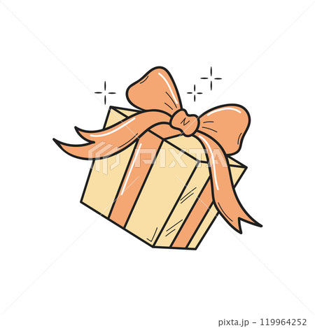 Cute romantic pastel gift box with beige bow icon. Valentine's Day present. Vector illustration on white background. 119964252