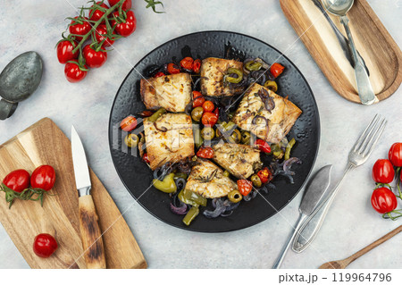 Oven baked mackerel. 119964796