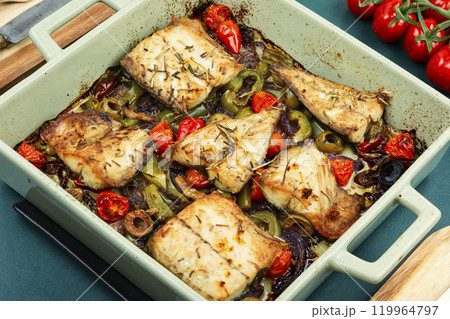 Oven baked mackerel. Oven baked mackerel. 119964797