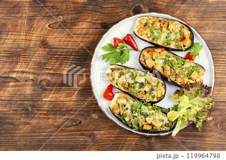 Baked eggplant with pieces meat. Baked eggplant with pieces meat. 119964798