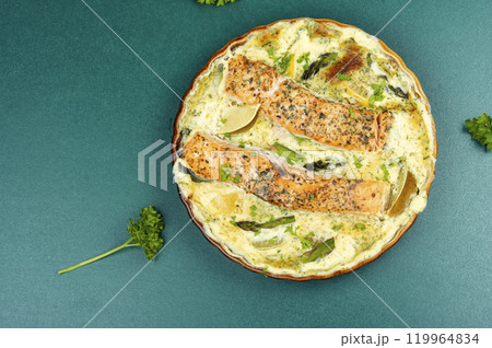Salmon casserole or gratin. 119964834