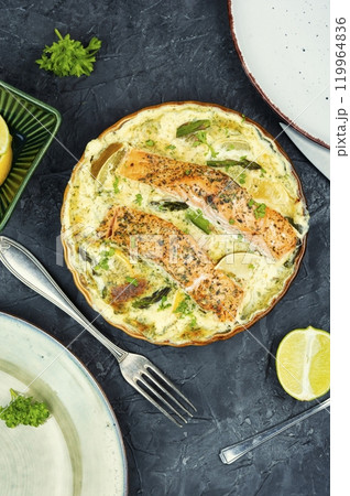 Red fish salmon gratin or frittata. 119964836