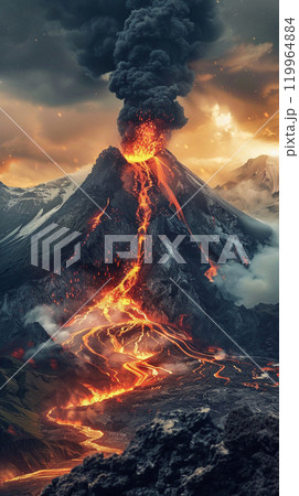 火山と溶岩のイメージイラスト 119964884