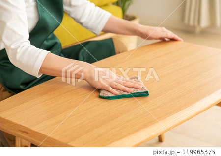 リビングのソファーのテーブルを拭く緑のエプロンをしたシニア女性の主婦・家政婦 119965375