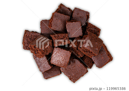 Top view pile of sweet crispy brownie chocolate cube. Top view pile of sweet crispy brownie chocolate cube. 119965386