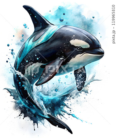 Illustration with killer whale and splashes. watercolor style 119965810