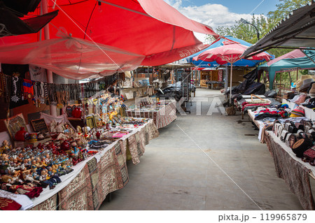 Souvenirs on the Jamaa el Fna market in old Medina, Marrakesh, Morocco 119965879