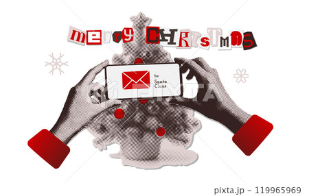 Christmas collage for holiday decoration. Halftone hands holding smartphone with Santa Claus letter in front of decorative fir tree. Vector illustration. Monochrome with red Christmas collage for holiday decoration. Halftone hands holding smartphone with Santa Claus letter in front of decorative fir tree. Vector illustration. Monochrome with red 119965969