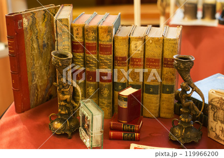 Belarus, the city of Gomel, on November 16, 2017. Ancient books of the eighteenth century. Ancient literature. Still life from rare old books 119966200
