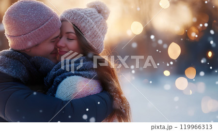 couple embraces warmly in snowy landscape, wearing cozy hats and scarves 119966313