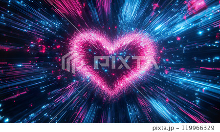 vibrant heart shape made of glowing particles radiates energy in blue and pink hues 119966329