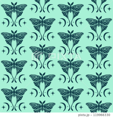 Monochrome seamless pattern with celestial luna moth and paisley motif 119966330