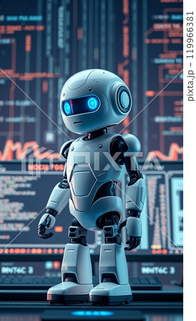 Robot standing in front of computer screen. cyber background 119966381