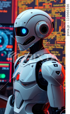 Robot standing in front of computer screen. cyber background Robot standing in front of computer screen. cyber background 119966386