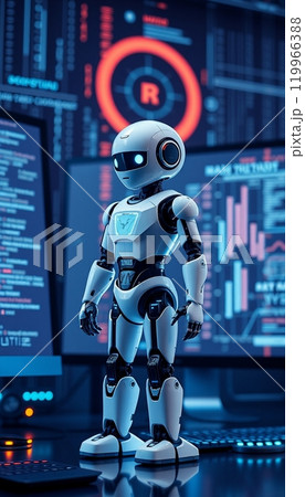 Robot standing in front of computer screen. cyber background 119966388