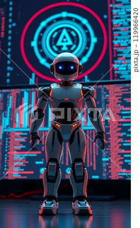 Robot standing in front of computer screen. cyber background 119966420
