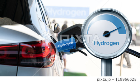 Close up of fuel cell car with connected hydrogen fueling nozzle 119966628