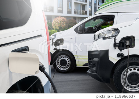 Electric delivery van with connected charging cable Electric delivery van with connected charging cable 119966637
