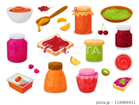 Breakfast with marmalade. Fruit jam glass jars, sandwich with marmalades. Cartoon sweet dessert in bowl and on bread, neoteric food vector set Breakfast with marmalade. Fruit jam glass jars, sandwich with marmalades. Cartoon sweet dessert in bowl and on bread, neoteric food vector set 119966931