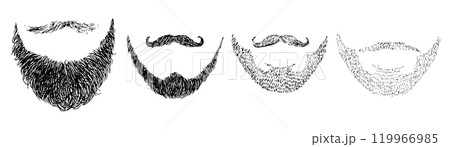 Vector collection of masculine beards and mustaches in black and white. Hand-drawn outlines show a range of facial hair styles, from rugged stubble to handlebar. For grooming or barbershop themes 119966985