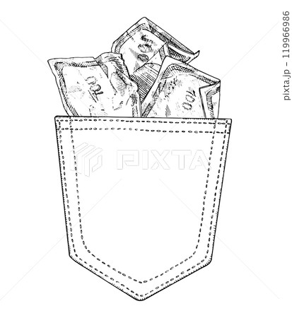 Vector illustration of pocket money in black and white. Sketch style cash and banknotes. Perfect for finance or budgeting themes. Hand drawn cash with space for text 119966986