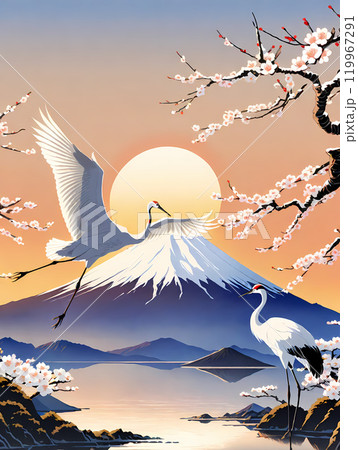 頂上に朝日がでた富士山を背景に鶴が舞う風景のイラスト素材