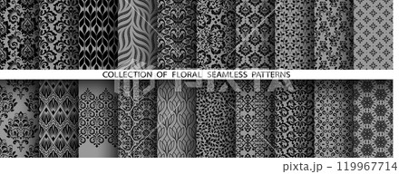 Geometric floral set of seamless patterns. Gray and black vector backgrounds. Damask graphic ornaments 119967714