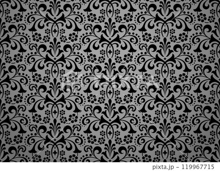 Floral pattern. Vintage wallpaper in the Baroque style. Seamless vector background. Gray and black ornament for fabric, wallpaper, packaging. Ornate Damask flower ornament Floral pattern. Vintage wallpaper in the Baroque style. Seamless vector background. Gray and black ornament for fabric, wallpaper, packaging. Ornate Damask flower ornament 119967715