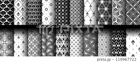 Geometric floral set of seamless patterns. White and black vector backgrounds. Damask graphic ornaments. 119967722
