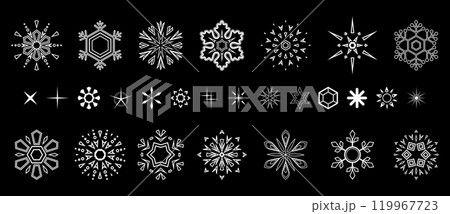 Snowflakes icon collection. Graphic modern black and white ornament. Snowflakes icon collection. Graphic modern black and white ornament. 119967723