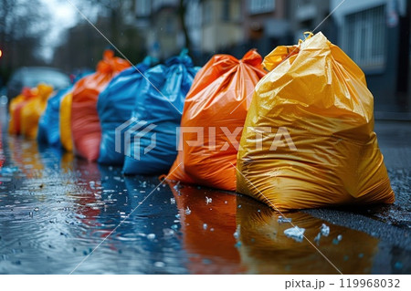 Colorful garbage bags lined up on the wet city street under the rain Colorful garbage bags lined up on the wet city street under the rain 119968032