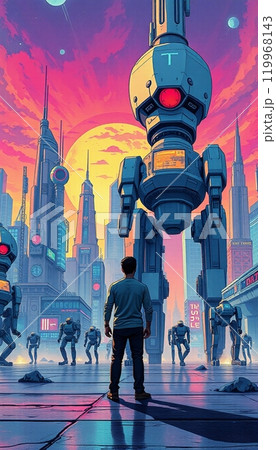 a person standing in front of a robot with an urban building in the background 119968143