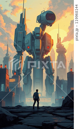 a person standing in front of a robot with an urban building in the background 119968144