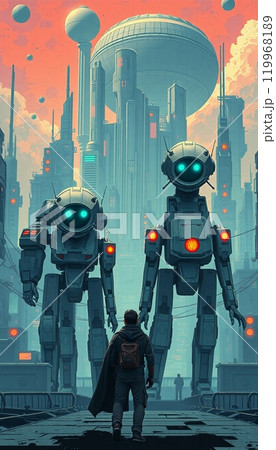 a person standing in front of a robot with an urban building in the background 119968189