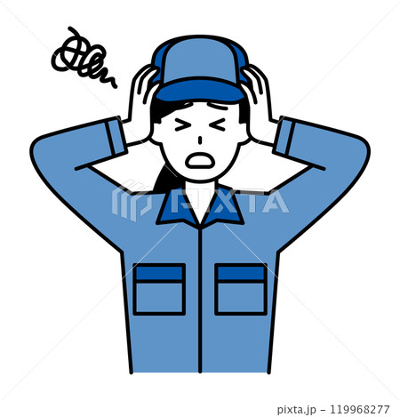 頭を抱えて悩むつなぎ作業服の女性 119968277