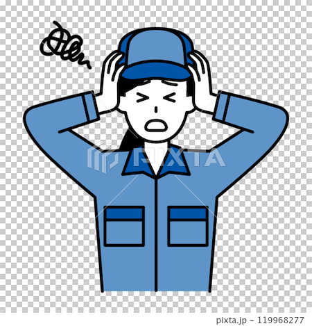 頭を抱えて悩むつなぎ作業服の女性 119968277