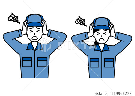 頭を抱えて悩むつなぎ作業服の男女　セット 119968278