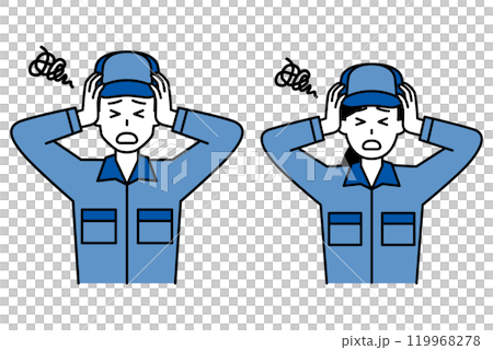 頭を抱えて悩むつなぎ作業服の男女　セット 119968278