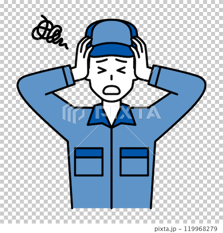 A man in overalls holding his head in worry A man in overalls holding his head in worry 119968279