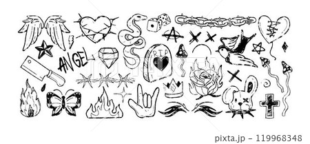 Hand drawn graffiti crayon y2k tattoo, gothic icons or charcoal doodle rock symbols 119968348