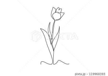 Continuous one line drawing beautiful fresh tulip flower plant. Tropical floral style, love romantic concept for poster, wall decoration ornament. Single line draw design vector graphic illustration 119968393