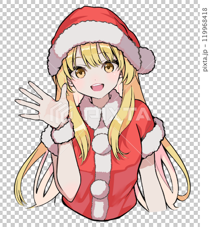 A bust-up illustration of a blonde smiling woman wearing Santa clothes A bust-up illustration of a blonde smiling woman wearing Santa clothes 119968418